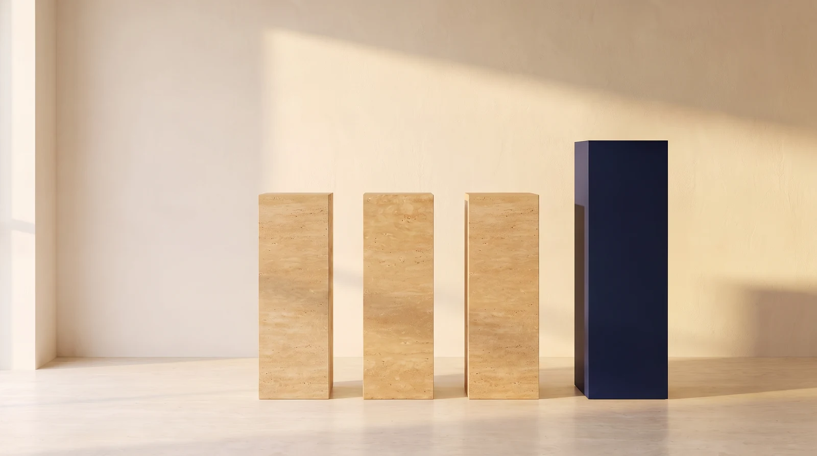 Row of travertine plinths, with one navy plinth standing a level above the rest